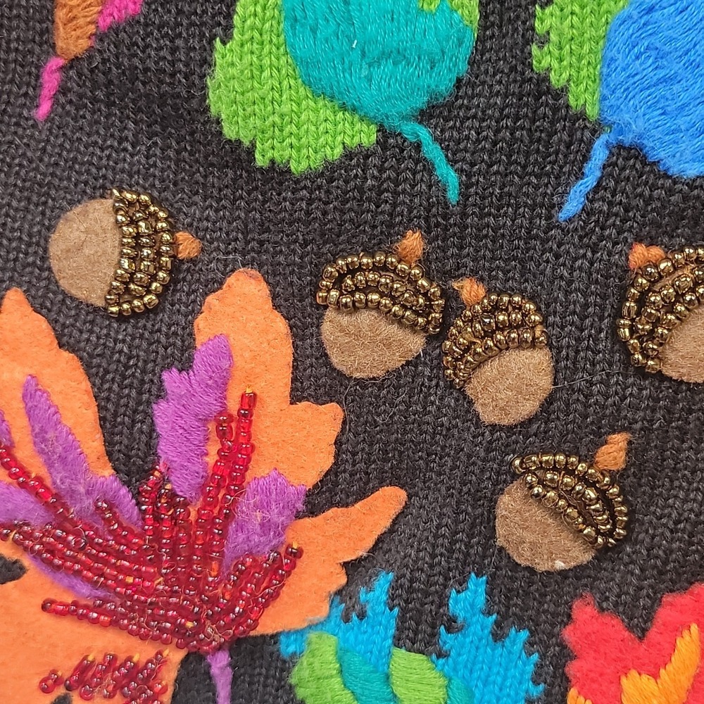 Vintage MICHAEL SIMON Cardigan Sweater Sz S Fall Leaves Acorns Beads Embroidered - Picture 5 of 16